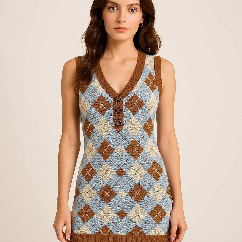NWT Y2K Brown Sky Blue Argyle Knit Sweater Mini Dress Preppy Old Money Tweeโ S